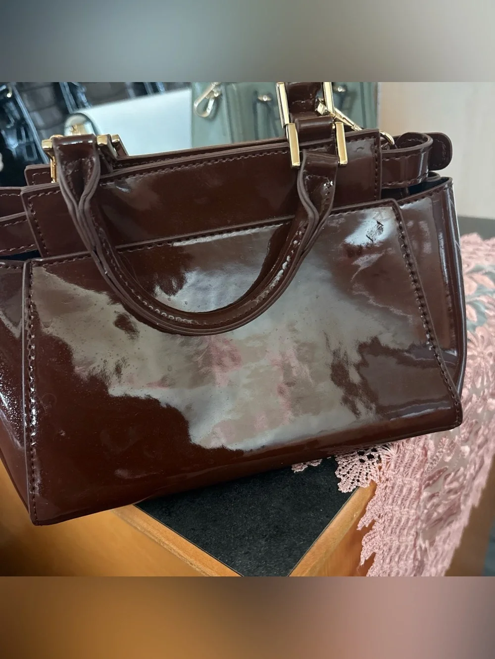 Patent Leather Tote Bag in Deep Brown